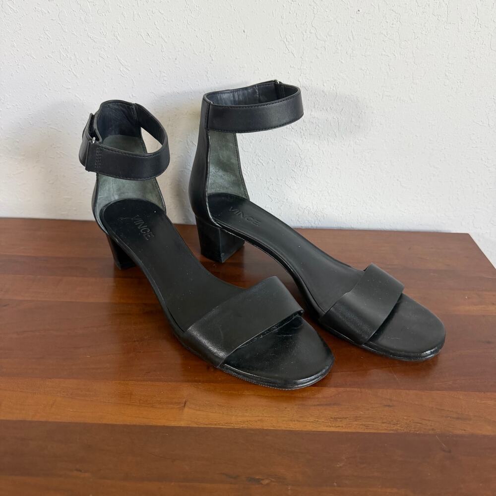 Vince Rita Black Leather Block Heel Ankle Strap Sandal Hook and Loop Womens 7.5